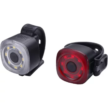   BLS-227 kerékpáros lámpa szett Spirit, 30 és 12 lumen (első és hátsó), 9 mód, micro USB tölthető 250mAh akku, 8 akkufeszültség visszajelzős LED-del, gumis felfogatással