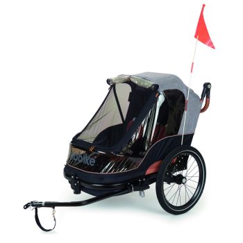   Bobike gyerek utánfutó max 2 gyermek szállítására, rugós lengéscsillapítás, 2 kerékpár adapterrel a csomagban, futó-babakocsiszettel, szürke/barna