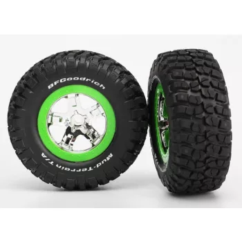   BFGoodrich T/A KM2 gumiabroncsok króm/zöld felniken, elöl (2) TRAXXAS Slash 2WD és VXL, Raptor modellekhez
