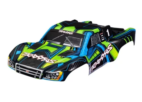 Slash 4x4 zöld/kék karosszéria matricákkal és TRAXXAS stoplikkal